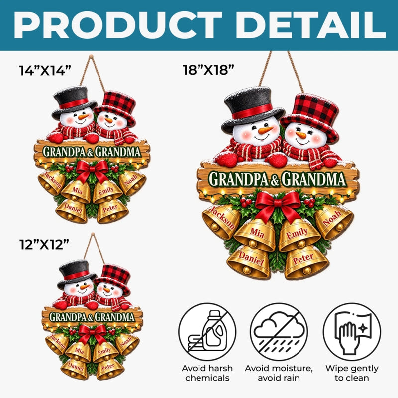 Custom Name Christmas Gifts for Grandpa and Grandma - Personalized Shaped Wood Sign - Cheerful Snowmen