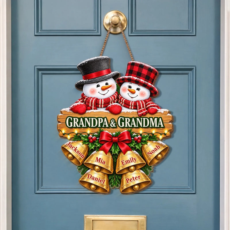Custom Name Christmas Gifts for Grandpa and Grandma - Personalized Shaped Wood Sign - Cheerful Snowmen