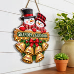 Custom Name Christmas Gifts for Grandpa and Grandma - Personalized Shaped Wood Sign - Cheerful Snowmen