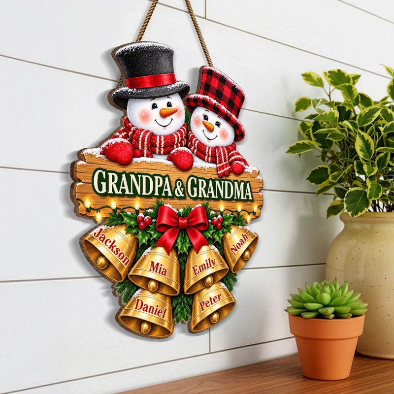 Custom Name Christmas Gifts for Grandpa and Grandma - Personalized Shaped Wood Sign - Cheerful Snowmen