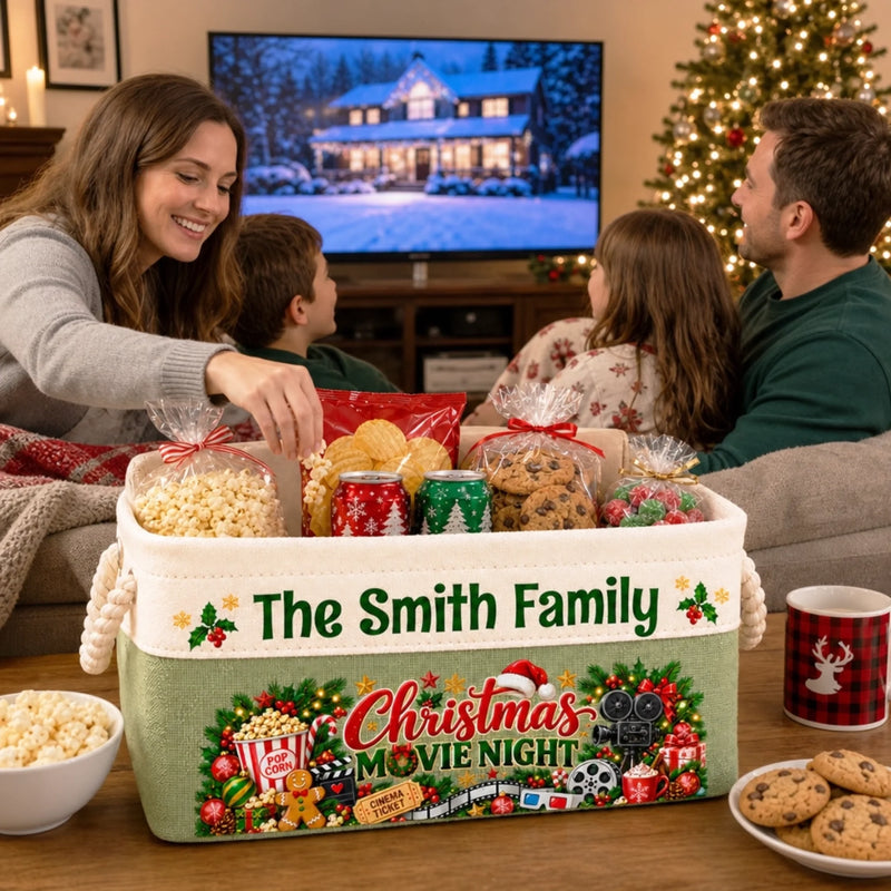 Custom Family Name Christmas Movie Night Decor - Personalized Storage Basket - Nice Weekend