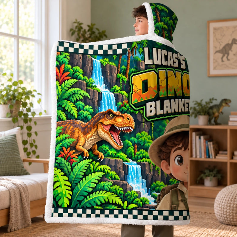 Custom Name Dinosaur Gifts for Kids - Personalized Photo Wearable Blanket Hoodie - Tiny Explorer Dino Dreams