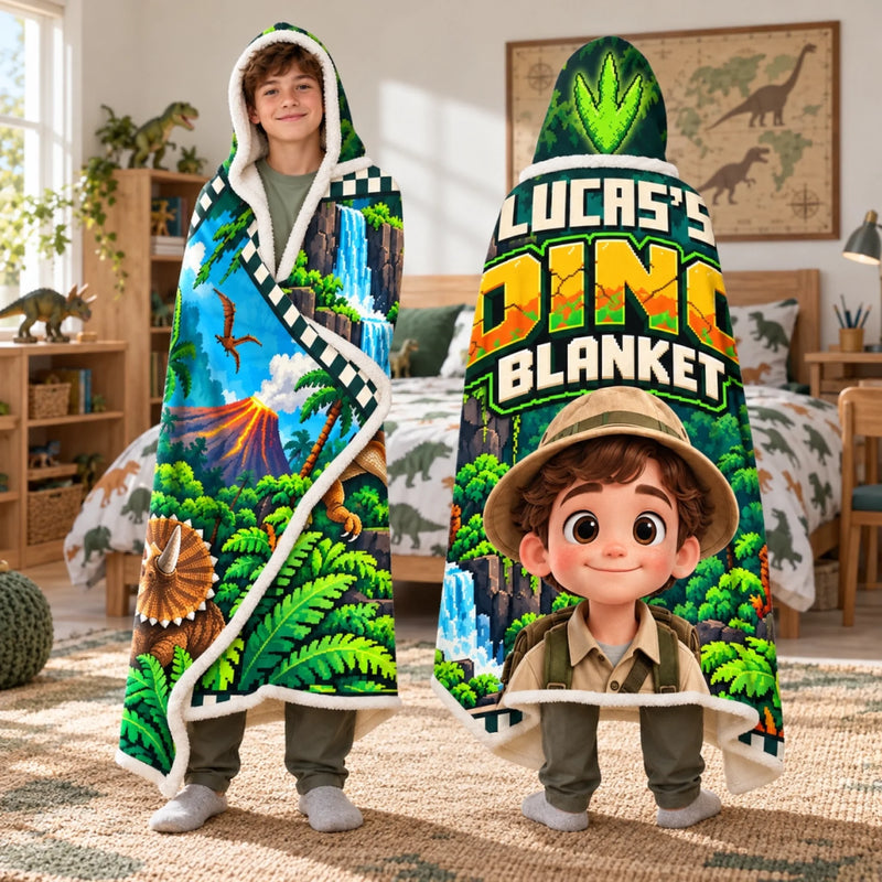 Custom Name Dinosaur Gifts for Kids - Personalized Photo Wearable Blanket Hoodie - Tiny Explorer Dino Dreams