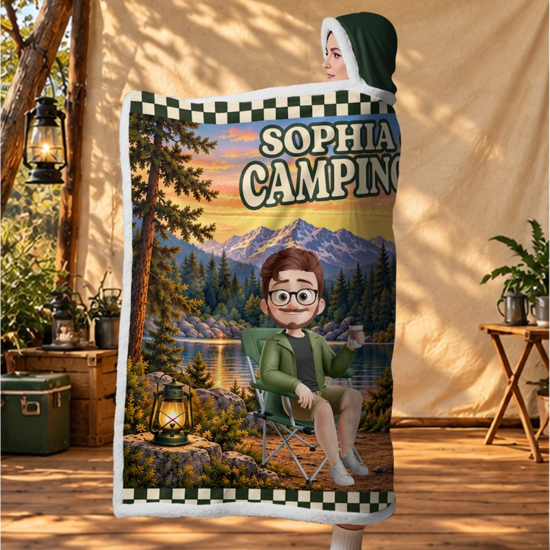 Custom Name Camping Gifts for Couples - Personalized Wearable Blanket Hoodie - Our Happy Place Is Outdoors