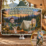Custom Name Camping Gifts for Couples - Personalized Wearable Blanket Hoodie - Our Happy Place Is Outdoors