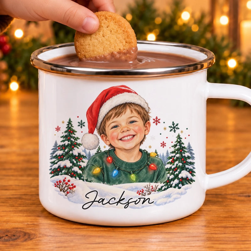 Custom Photo Christmas Gifts for Kids - Personalized Enamel Mug - Colorful Christmas