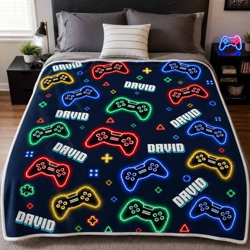 Custom Name Gamer Gifts for Kids, Gaming Lovers - Personalized Blanket - Game On, Cozy Up