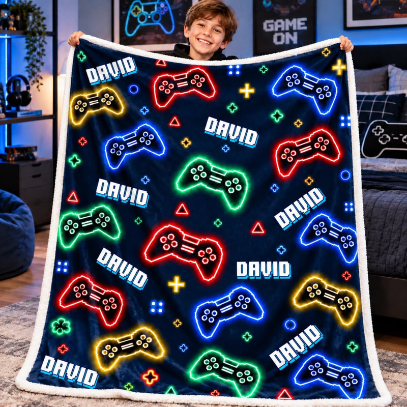 Custom Name Gamer Gifts for Kids, Gaming Lovers - Personalized Blanket - Game On, Cozy Up