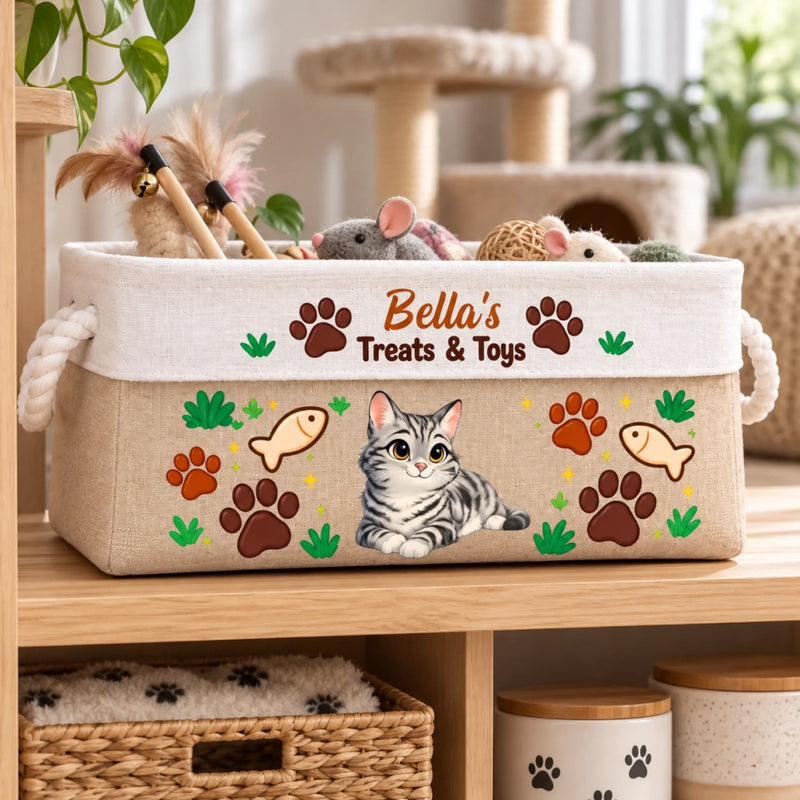 Custom Name Cat Treats and Toys Gifts for Cat Lovers - Personalized Storage Basket