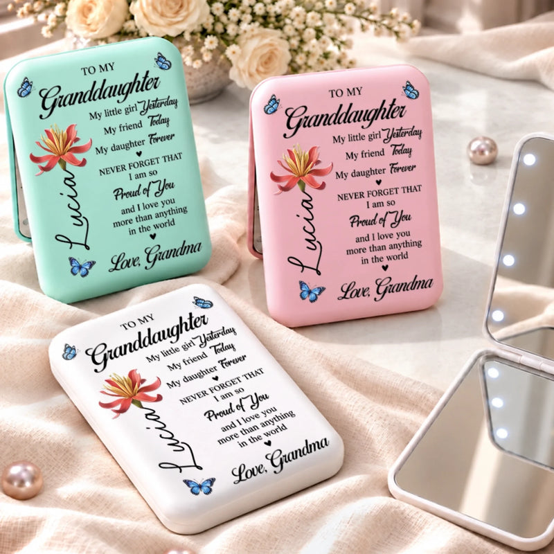 Custom Name Granddaughter Gifts - Personalized LED Compact Makeup Mirror - Forever My Little Girl