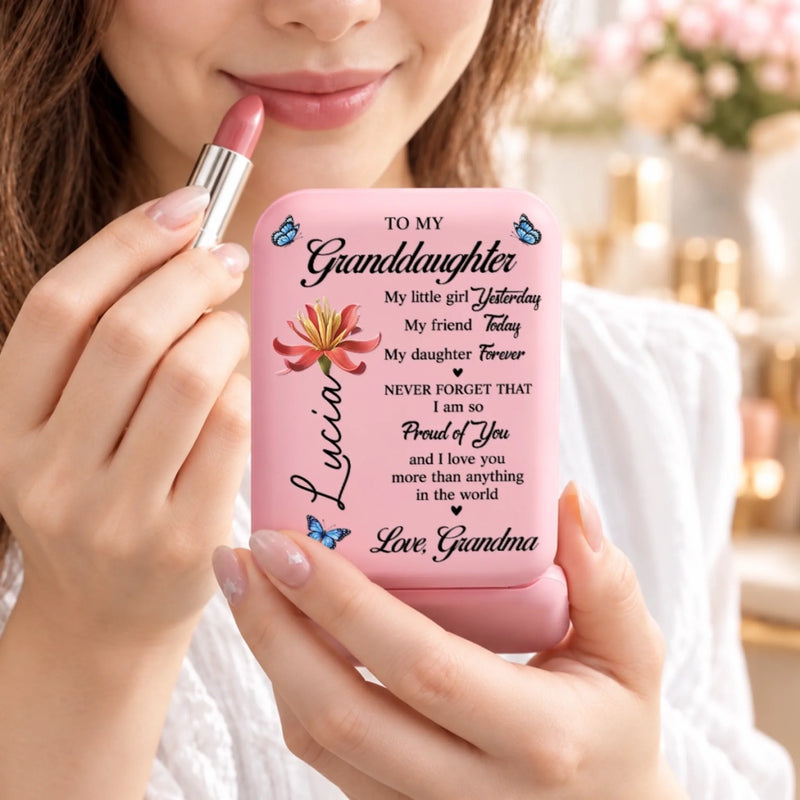 Custom Name Granddaughter Gifts - Personalized LED Compact Makeup Mirror - Forever My Little Girl