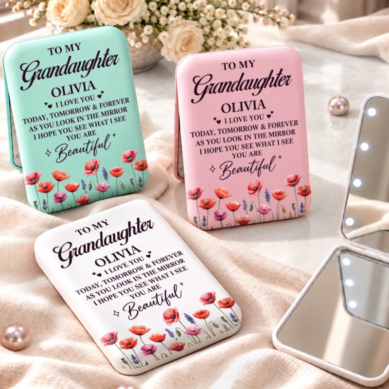 Custom Name Floral Beauty Gift for Granddaughter - Personalized LED Compact Makeup Mirror - See Yourself Through Love