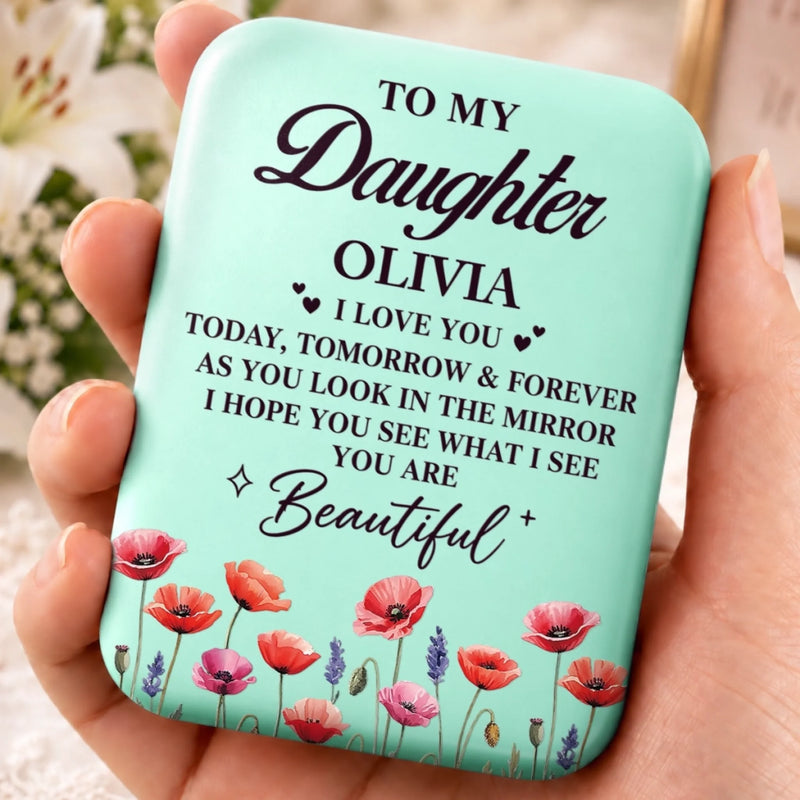 Custom Name Floral Beauty Gift for Granddaughter - Personalized LED Compact Makeup Mirror - See Yourself Through Love