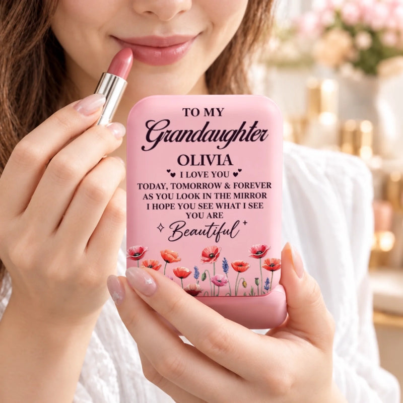 Custom Name Floral Beauty Gift for Granddaughter - Personalized LED Compact Makeup Mirror - See Yourself Through Love