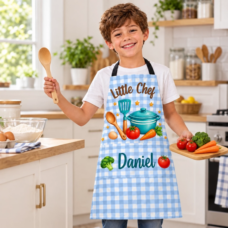 Custom Name Little Baker and Chef Gifts for Kids - Personalized Apron With Pocket - Whisking Up Happiness