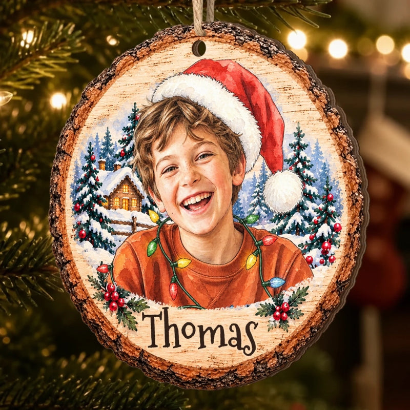 Custom Photo Name Christmas Keepsake for Kids - Personalized Wooden Ornament - Child’s Smile