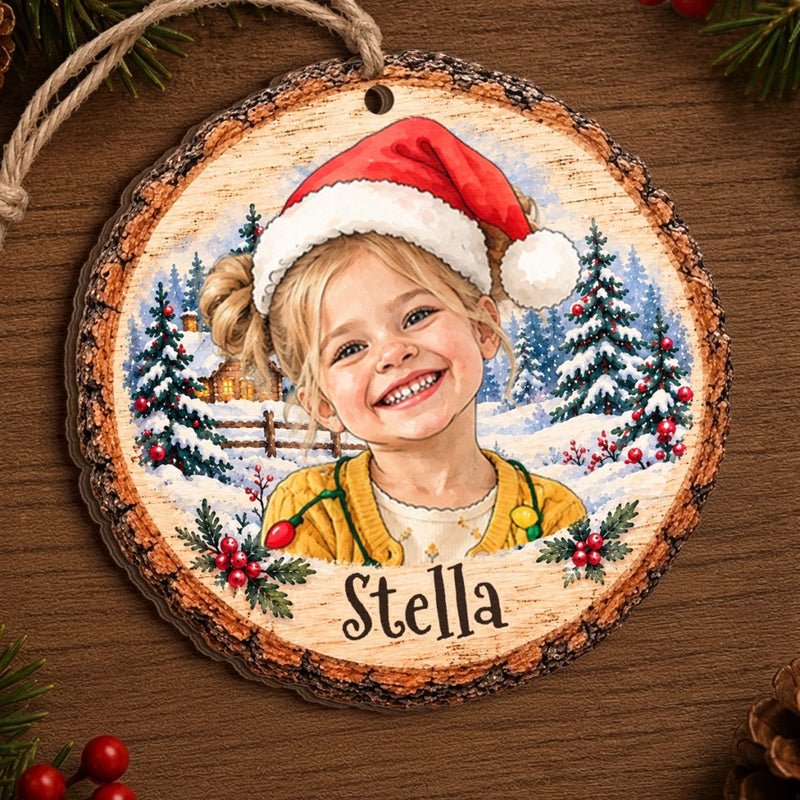 Custom Photo Name Christmas Keepsake for Kids - Personalized Wooden Ornament - Child’s Smile