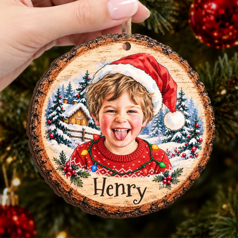 Custom Photo Name Christmas Keepsake for Kids - Personalized Wooden Ornament - Child’s Smile