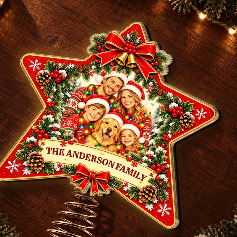 Custom Family Photo Christmas Decor - Personalized LED Tree Topper - Lucky Family