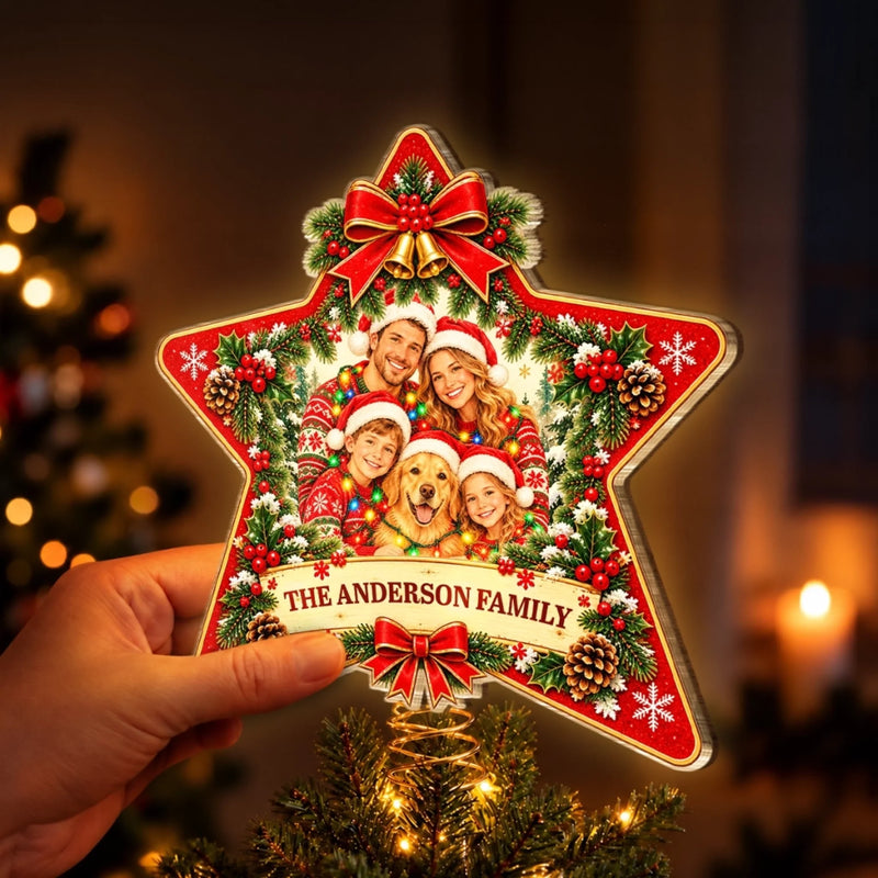 Custom Family Photo Christmas Decor - Personalized LED Tree Topper - Lucky Family