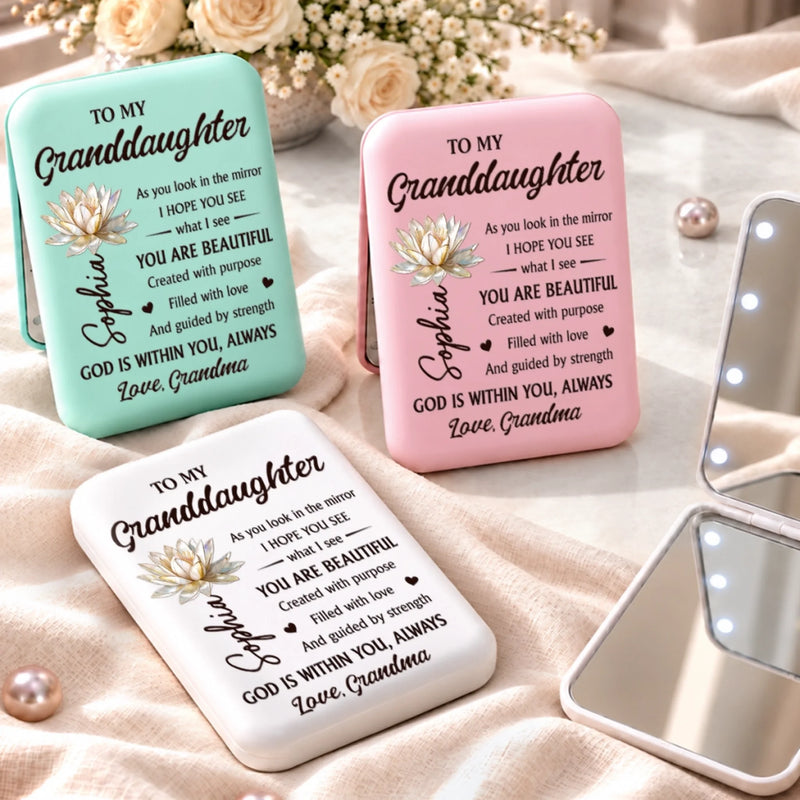 Custom Granddaughter Inspirational Gifts - Personalized LED Compact Makeup Mirror - Shine With Your Own Light