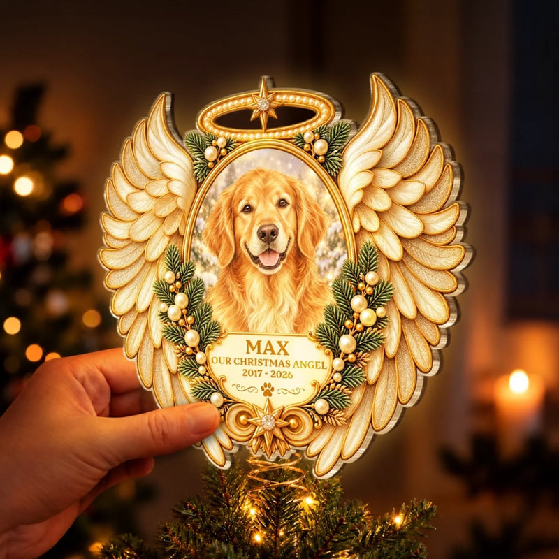 Custom Pet Photo Christmas Memorial Gifts - Personalized LED Tree Topper - Our Angle