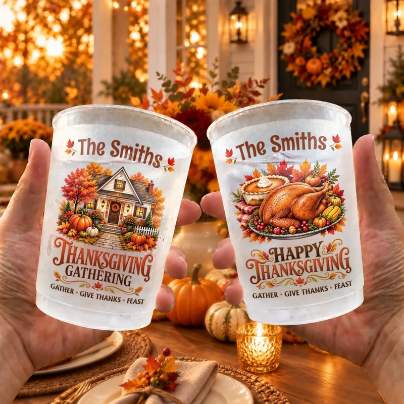 Custom Name Thanksgiving Turkey Gifts for Families - Personalized Plastic Cups - Colorful Autumn Leaves