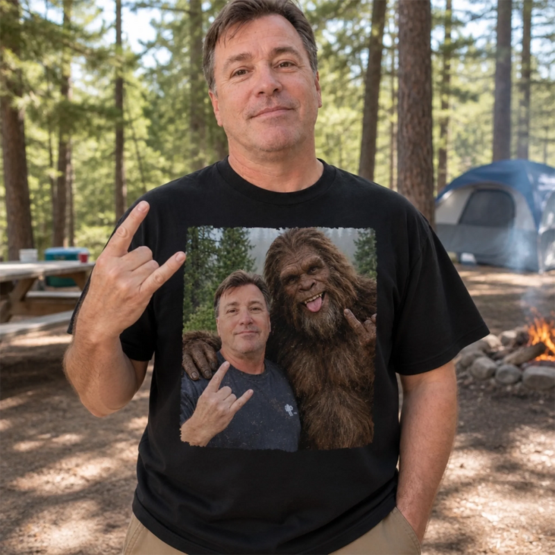 Custom Bigfoot Adventure Photo Gifts for Men - Personalized Comfort T-Shirt - Funny Selfie