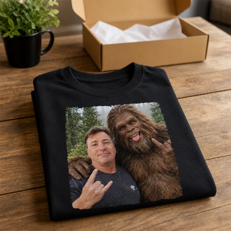 Custom Bigfoot Adventure Photo Gifts for Men - Personalized Comfort T-Shirt - Funny Selfie