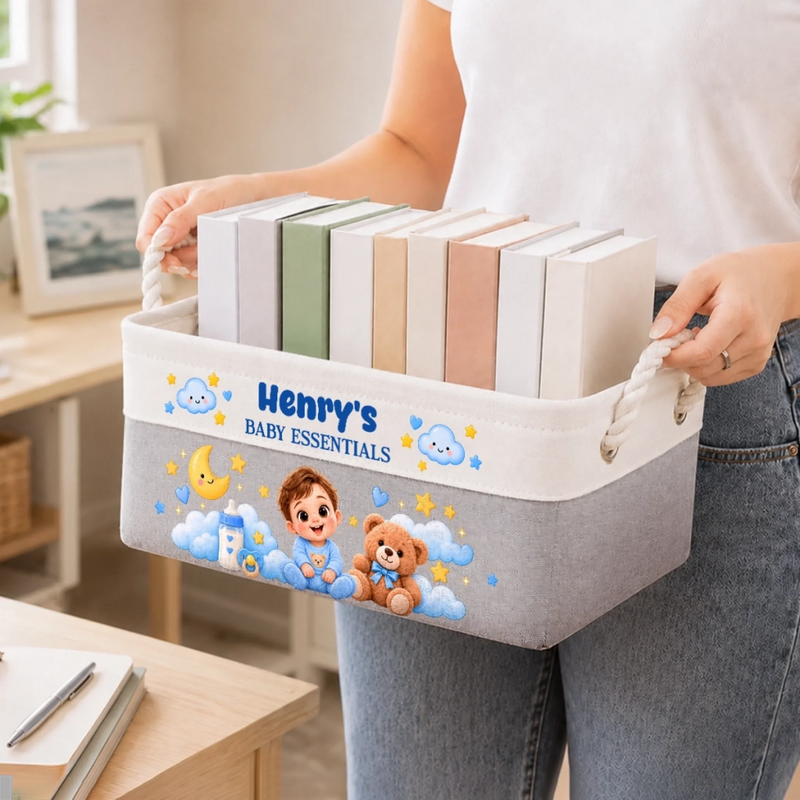 Custom Name Baby Essentials Gifts for New Parents - Personalized Storage Basket - Small Wonders Big Smiles
