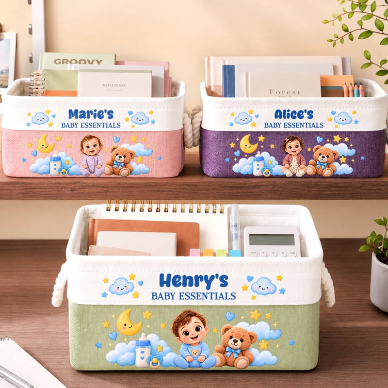 Custom Name Baby Essentials Gifts for New Parents - Personalized Storage Basket - Small Wonders Big Smiles
