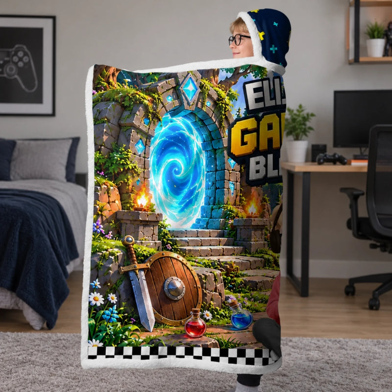 Custom Name Gamer Fantasy Adventure Gifts for Kids - Personalized Blanket Hoodie - Level Up
