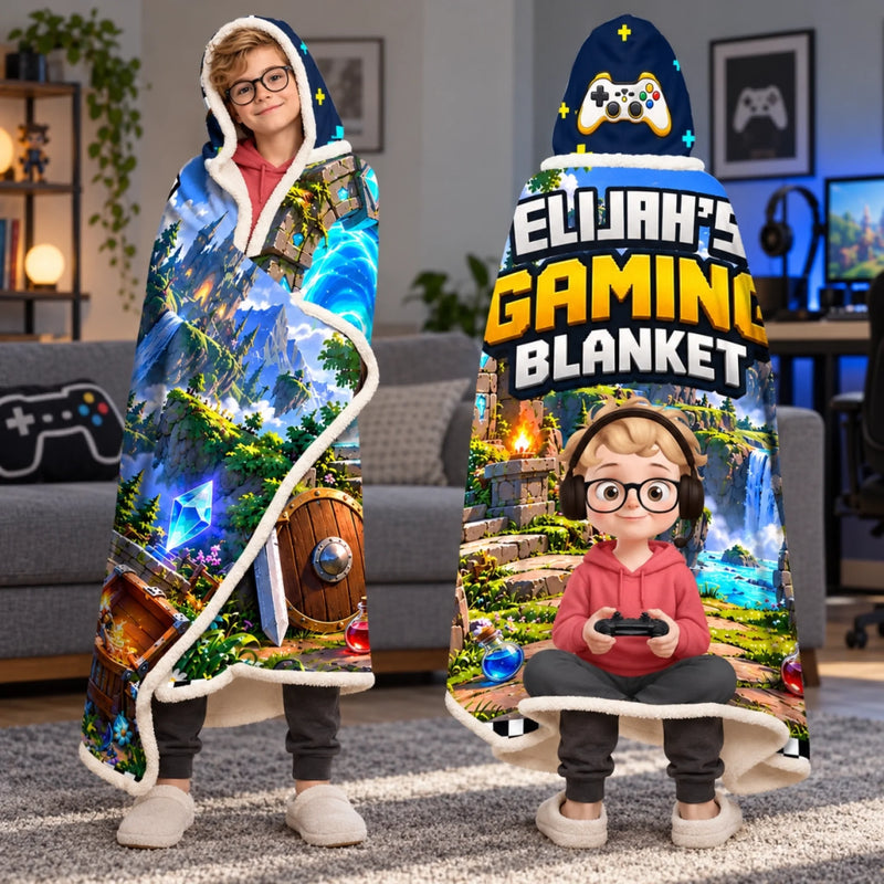 Custom Name Gamer Fantasy Adventure Gifts for Kids - Personalized Blanket Hoodie - Level Up