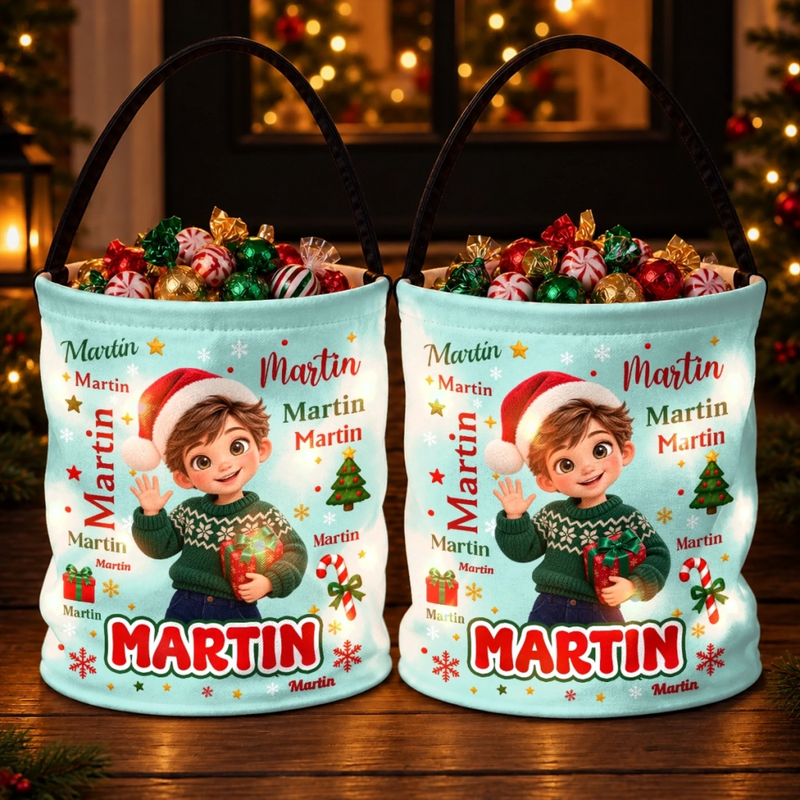 Custom Name Christmas Cartoon Gifts for Children - Personalized Photo LED Light Bucket Bag - Made Of Magic And Memories