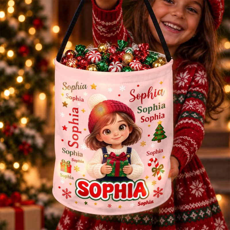 Custom Name Christmas Cartoon Gifts for Children - Personalized Photo LED Light Bucket Bag - Made Of Magic And Memories