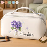 Custom Name Purple Flower Bouquet Gifts - Personalized PU Leather Travel Toiletry Bag - Beauty In Every Bloom