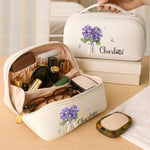 Custom Name Purple Flower Bouquet Gifts - Personalized PU Leather Travel Toiletry Bag - Beauty In Every Bloom