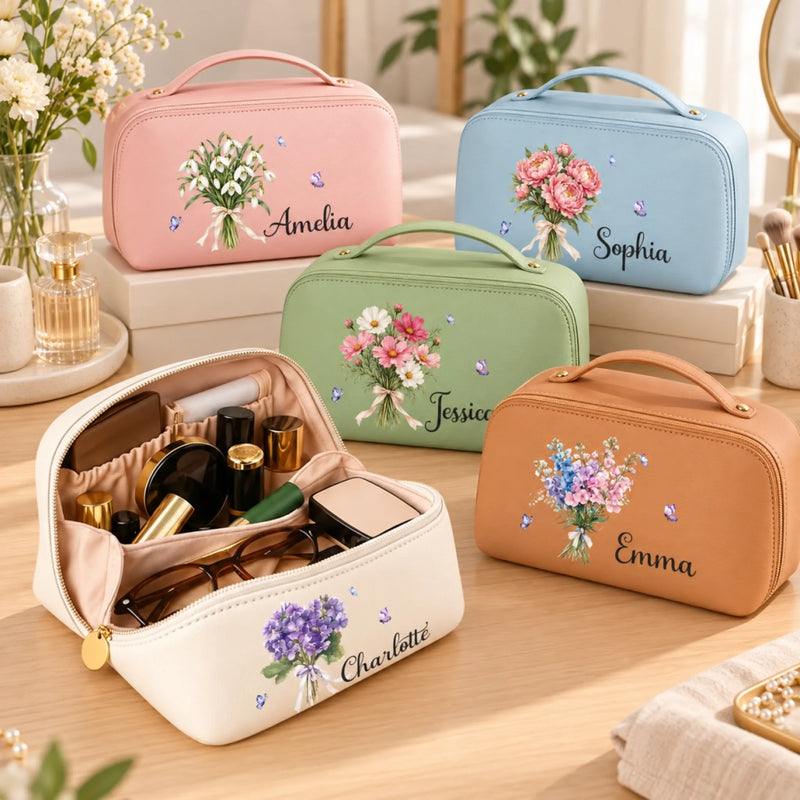Custom Name Purple Flower Bouquet Gifts - Personalized PU Leather Travel Toiletry Bag - Beauty In Every Bloom