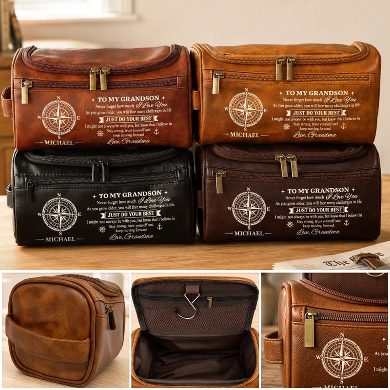 Custom Name Travel Gifts for Grandson - Personalized Leather Toiletry Bag - Proud Of You