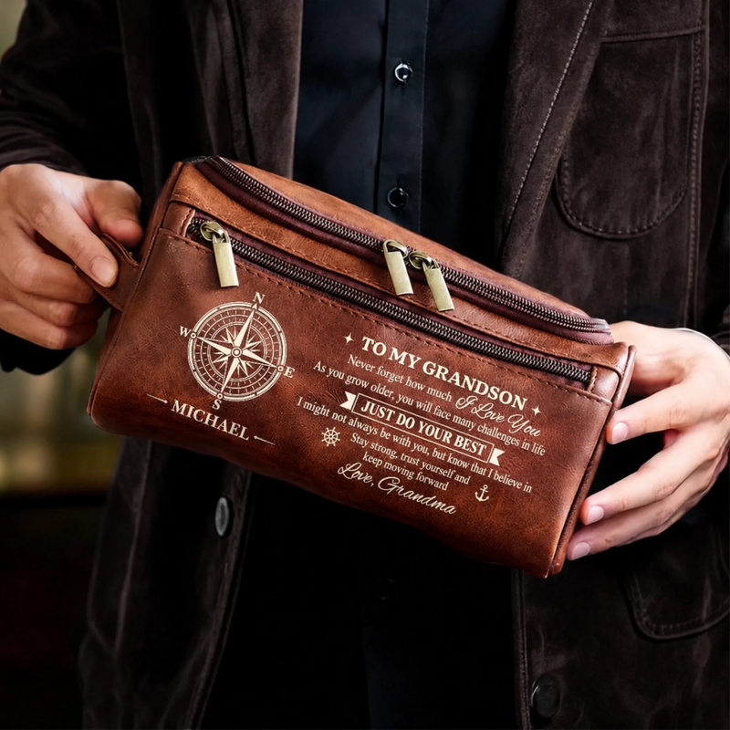 Custom Name Travel Gifts for Grandson - Personalized Leather Toiletry Bag - Proud Of You