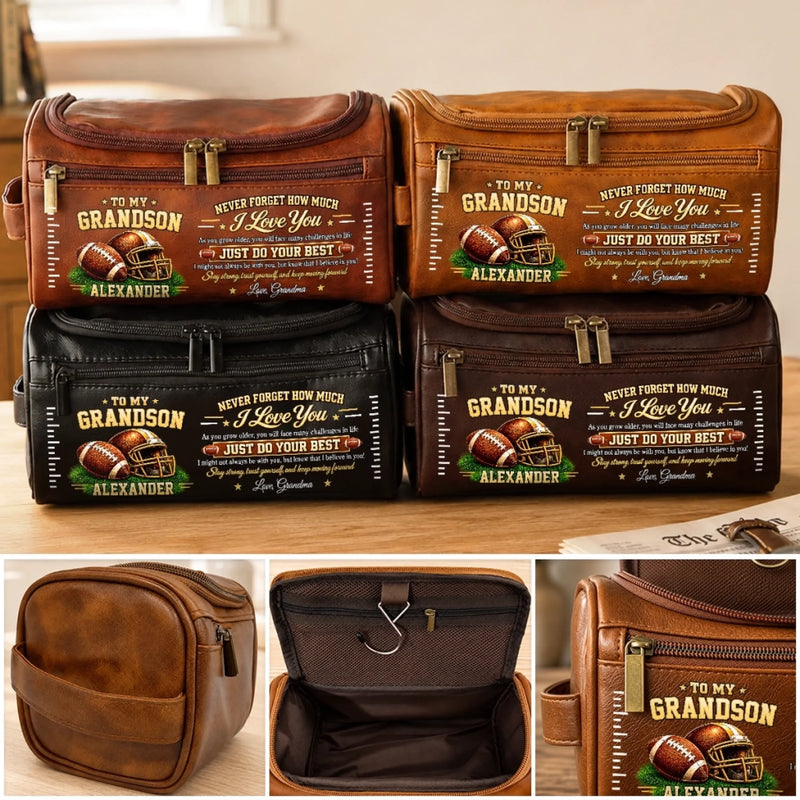 Custom Name Football Gifts for Grandson - Personalized Leather Toiletry Bag - Sports Travel