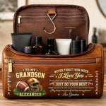 Custom Name Football Gifts for Grandson - Personalized Leather Toiletry Bag - Sports Travel