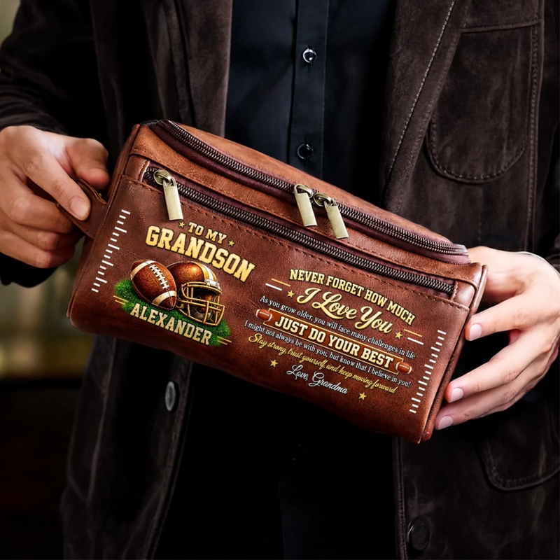 Custom Name Football Gifts for Grandson - Personalized Leather Toiletry Bag - Sports Travel