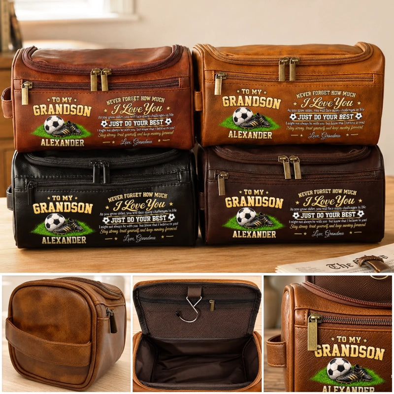 Custom Name Soccer Gifts for Grandsons - Personalized Leather Toiletry Bag - Love, Support