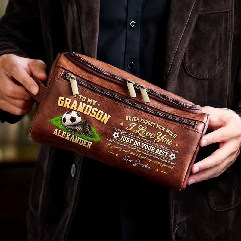 Custom Name Soccer Gifts for Grandsons - Personalized Leather Toiletry Bag - Love, Support