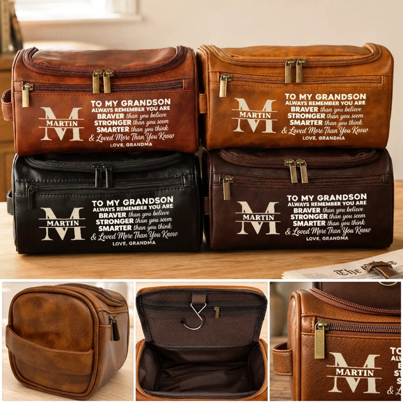 Custom Monogram Encouragement Gifts for Grandson - Personalized Leather Toiletry Bag - Always Believe In Your Amazing Self