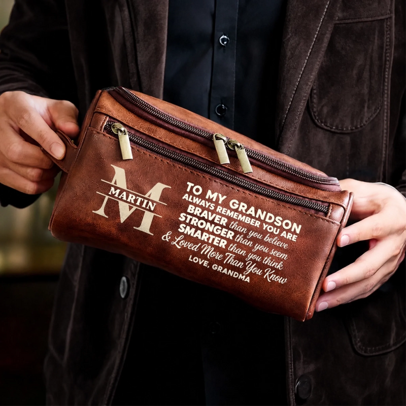 Custom Monogram Encouragement Gifts for Grandson - Personalized Leather Toiletry Bag - Always Believe In Your Amazing Self