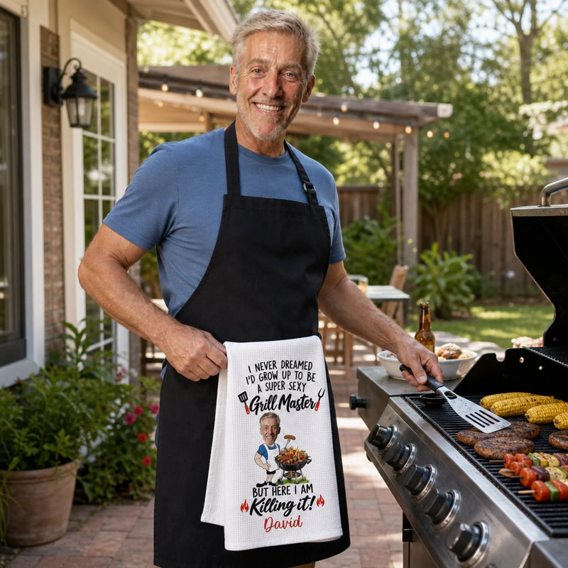Custom Name Funny Grill Master Gifts for Men - Personalized Kitchen Towel