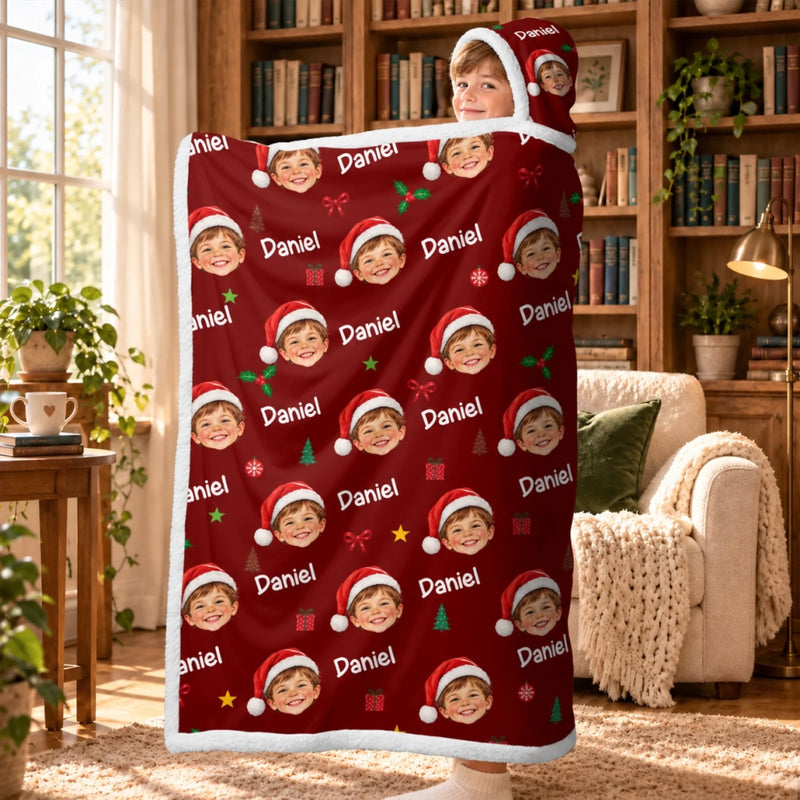 Custom Photo Name Santa Hat Christmas Gifts for Kids - Personalized Snuggle Blanket