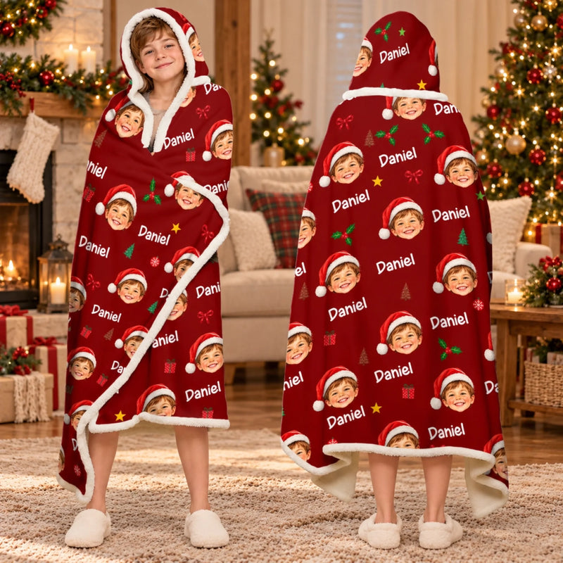 Custom Photo Name Santa Hat Christmas Gifts for Kids - Personalized Snuggle Blanket